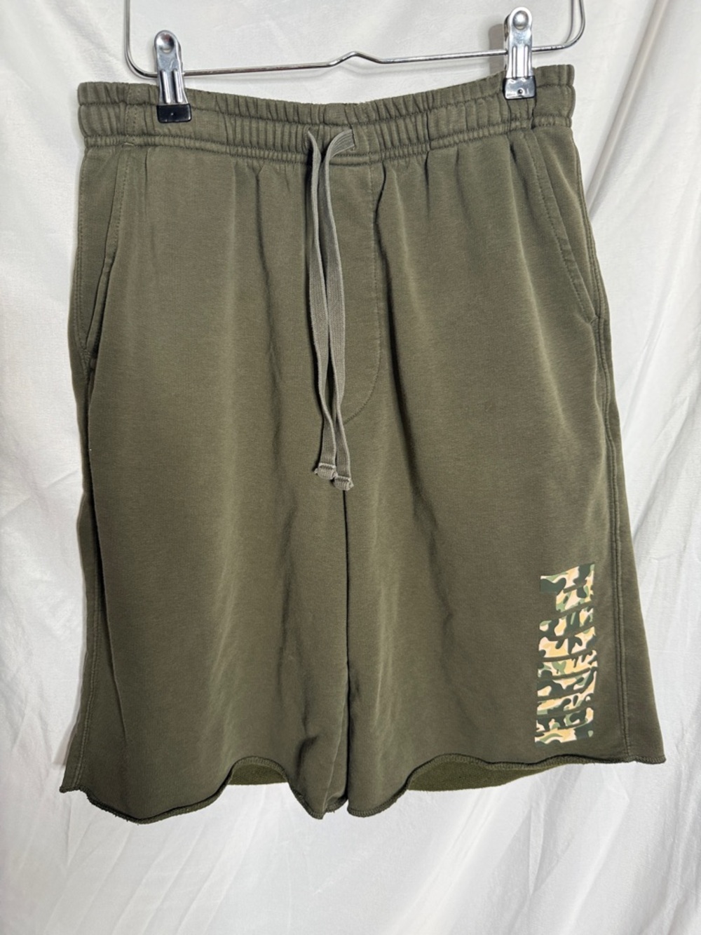 Puma Olive Green Athletic Drawstring Shorts with Camo Logo